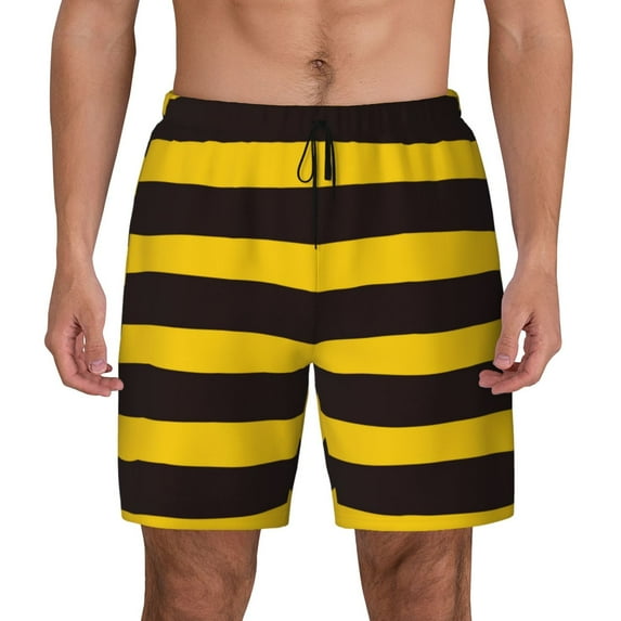 Kdxio Bee Stripe Print Men'S Swim Trunks With Compression Liner 7 Inch Inseam Quick Dry Swim Shorts