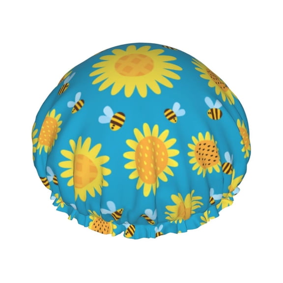 Kdxio Bee Sunflower Print Shower Cap for Women,Elastic and Reusable,Double Waterproof Layers Bathing Hat