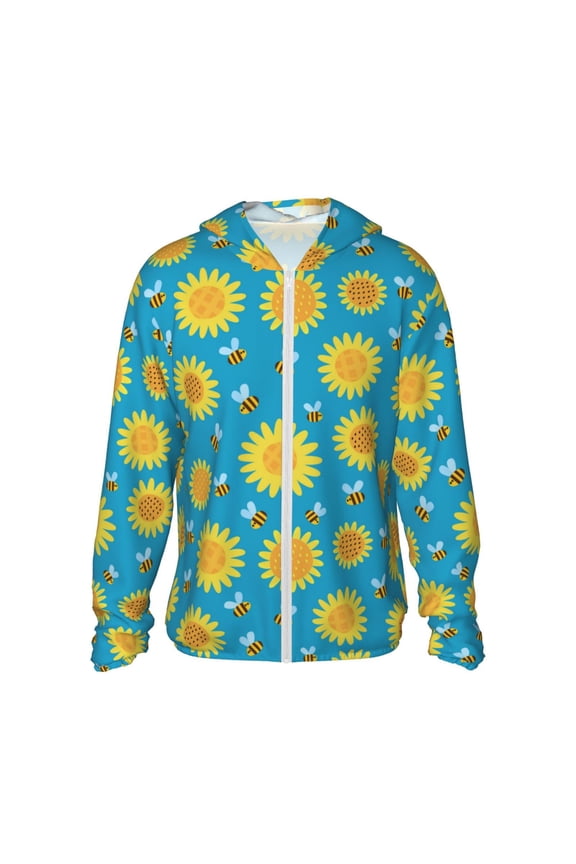 Bee Sunflower Print Women Men Sun Protection UPF 50+ Jackets Zip Up Long Sleeve Hoodie Hiking Lightweight with Pockets