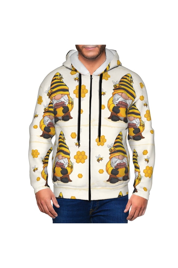 Beekeeper Gnome Holding A Glass Print Men Hoodies Casual Hoodies for Men with Zip Pockets Full Zip Long Sleeve Sweatshirt Sports Hooded Jacket-Medium