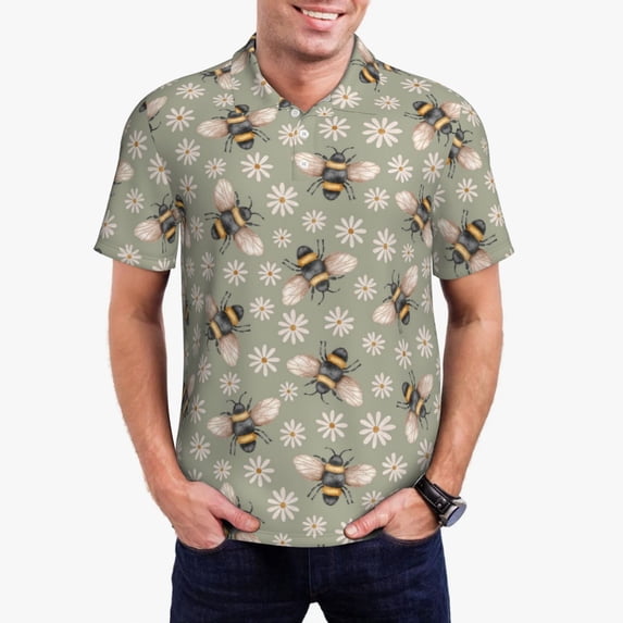 Kdxio Bees And Chamomile Print Men's Short Sleeve Polo Shirt,Midweight Men's Shirt