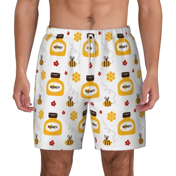 Kdxio Bees And Flowers Print Men'S Swim Trunks With Compression Liner 7 Inch Inseam Quick Dry Swim Shorts