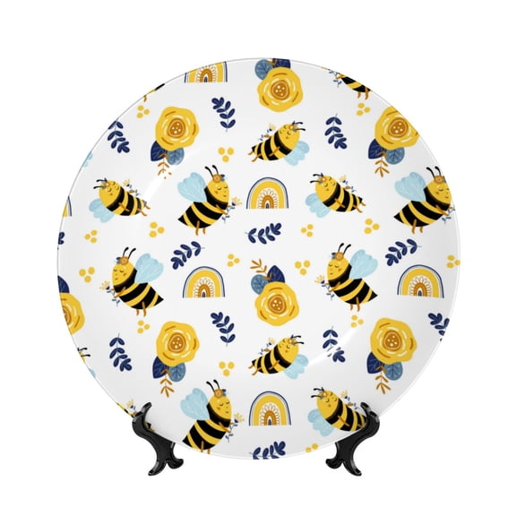 Kdxio Bees And Rainbows Bone China Decorative Plate Ceramic Decorative Plate for Home Office Wall Stand Decorative Plates for Home Bedroom-8in