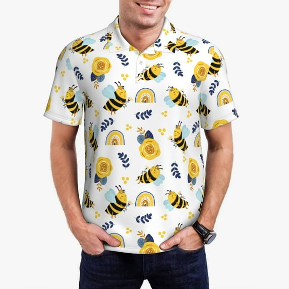 Kdxio Bees And Rainbows Print Men's Short Sleeve Polo Shirt,Midweight Men's Shirt-Large