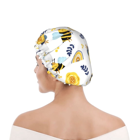 Kdxio Bees And Rainbows Print Shower Cap for Women,Elastic and Reusable,Double Waterproof Layers Bathing Hat