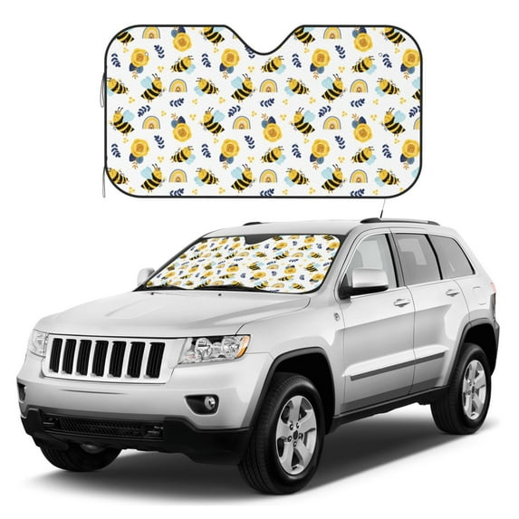 Kdxio Bees And Rainbows Print Windshield Sun Shade, Foldable Sun Blocker for Car,Truck,SUV Automotive Interior Sun Protection,Reflective Shade for Front Windshield(Medium)