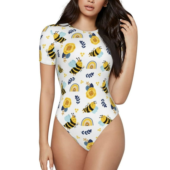 Kdxio Bees And Rainbows for Women's Short-Sleeved Onesie Stylish Round Neck Pajamas Bodysuit Jumpsuit Nightwear-XX-Large