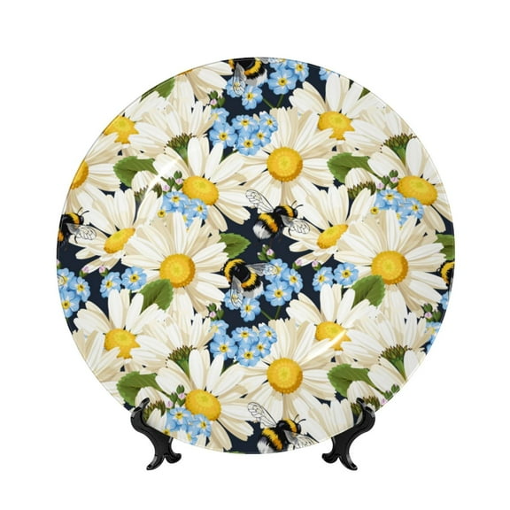 Kdxio Bees Collecting Nectar Bone China Decorative Plate Ceramic Decorative Plate for Home Office Wall Stand Decorative Plates for Home Bedroom-7in