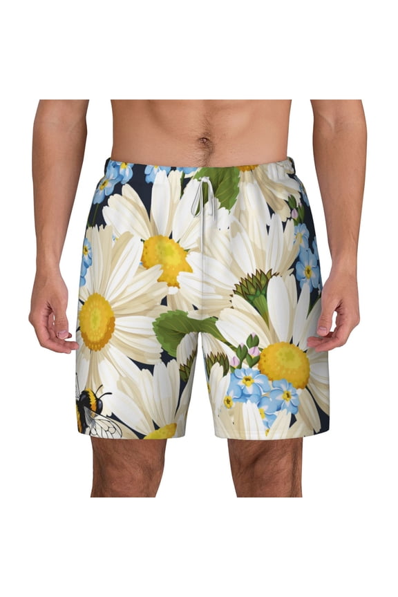 Bees Collecting Nectar Print Men'S Swim Trunks With Compression Liner 7 Inch Inseam Quick Dry Swim Shorts