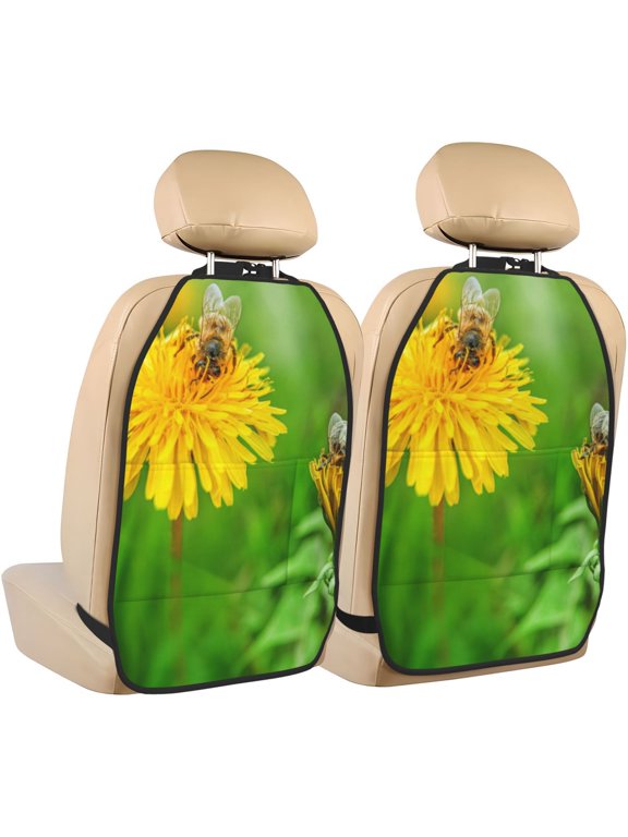 Bees Pollinates A Yellow Dandelion Print 2 Pack Car Kick Mat Seat Cover Back Protector Mat with Pockets for Organizer Backseat Protector and Storage Anti Kick Pad for Vehicles