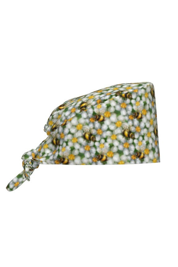 Bees and Flower Pattern Turban Hat for Women Men Comfortable Adjustable Cleaning Working Cap with Sweatband