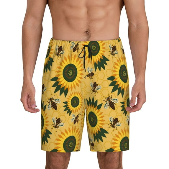 Kdxio Bees and Sunflowers Print Mens Sleep Shorts Bottoms Soft Comfy Pajama Wear Pants with Drawstring Pockets