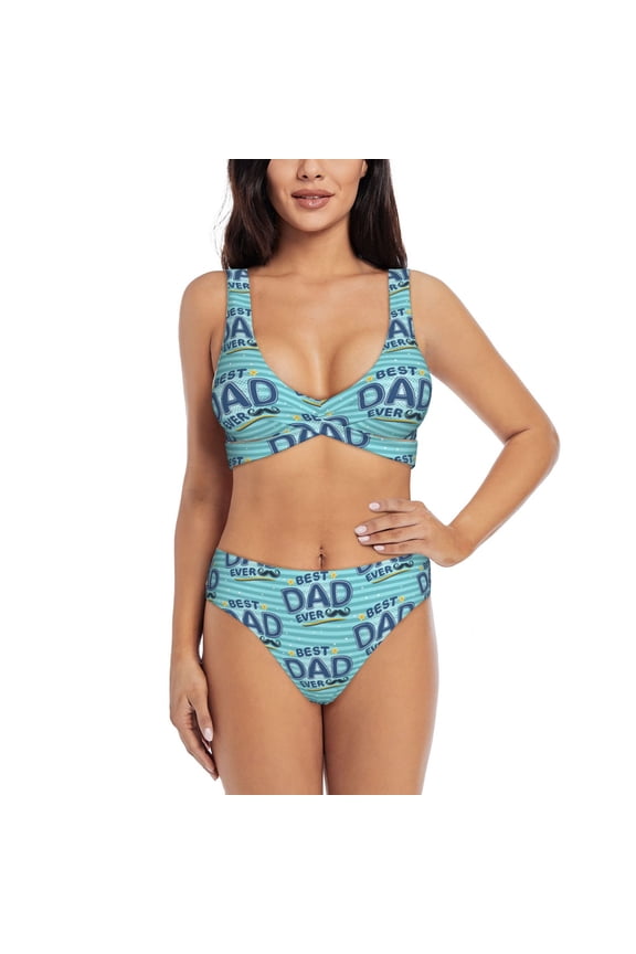 Best Dad Ever Print Women's 2 Piece High Waisted Wrap Spaghetti Strap Summer Swimsuit Bikini Set-Medium