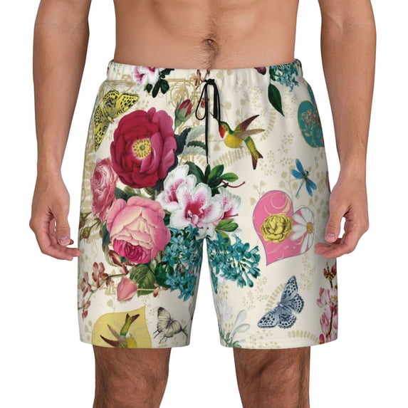 Kdxio Bird Butterfly Rose Print Men'S Swim Trunks With Compression Liner 7 Inch Inseam Quick Dry Swim Shorts