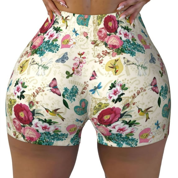 Kdxio Bird Butterfly Rose Print Workout Shorts for Women Seamless Soft Smooth Gym Yoga Scrunch Active Shorts