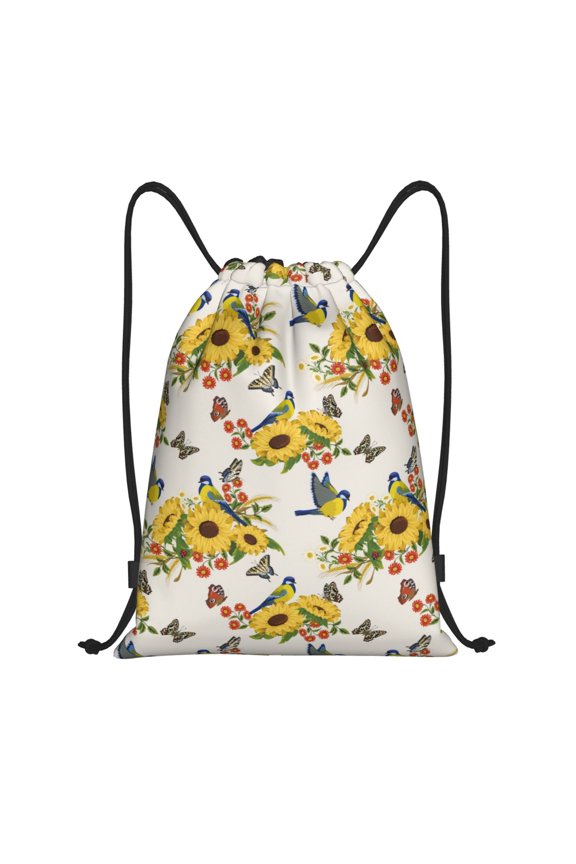 Bird Sunflowers Print Drawstring Backpack Bag,Waterproof Draw String Back Sack, Gym Drawstring Bags Swim Bag For Unisex