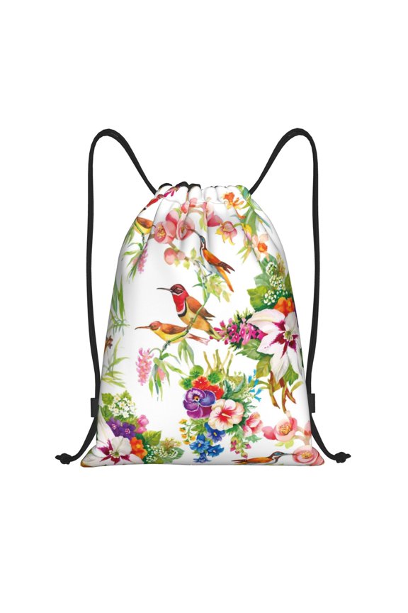 Birds And Flowers Print Drawstring Backpack Bag,Waterproof Draw String Back Sack, Gym Drawstring Bags Swim Bag For Unisex