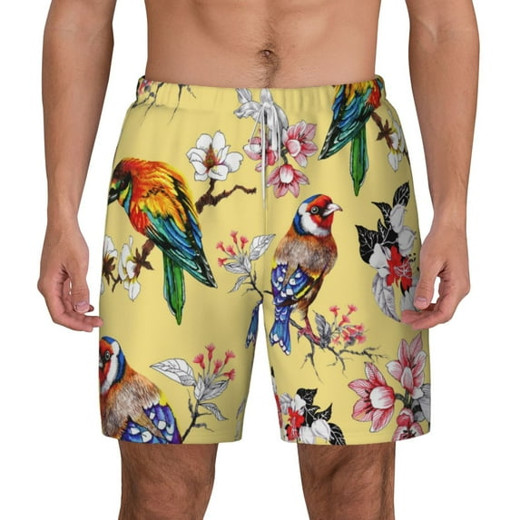 Kdxio Birds And Flowers Print Men'S Swim Trunks With Compression Liner 7 Inch Inseam Quick Dry Swim Shorts