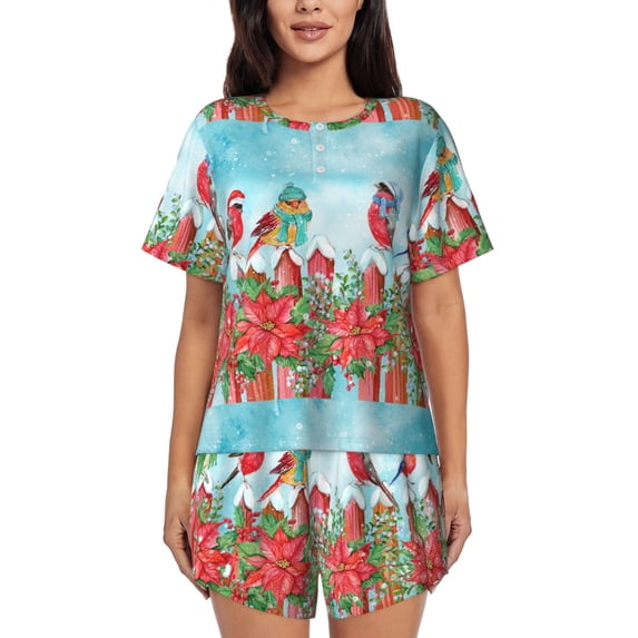 Kdxio Birds Print Pajamas Sets for Women Short-Sleeved Pjs with Lounge Shorts Two Piece Sleepwear S-4XL