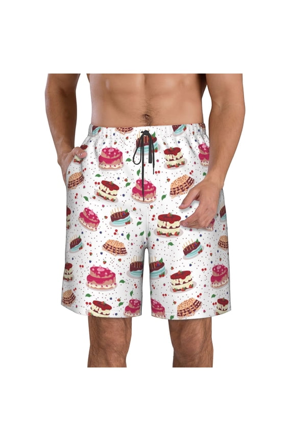 Birthday Cake Pattern Mens Casual Shorts - Drawstring Summer Beach Sports Shorts for Men