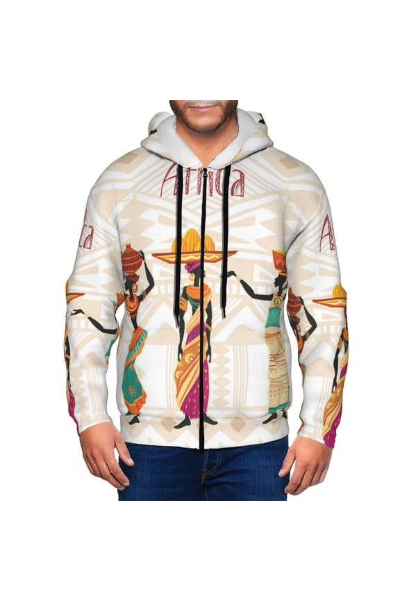 Black African Woman Print Men Hoodies Casual Hoodies for Men with Zip Pockets Full Zip Long Sleeve Sweatshirt Sports Hooded Jacket-Small