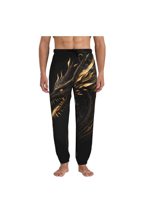 Black And Gold Fire Dragon Pattern Joggers,Sweatpants for Men with Pockets-Large