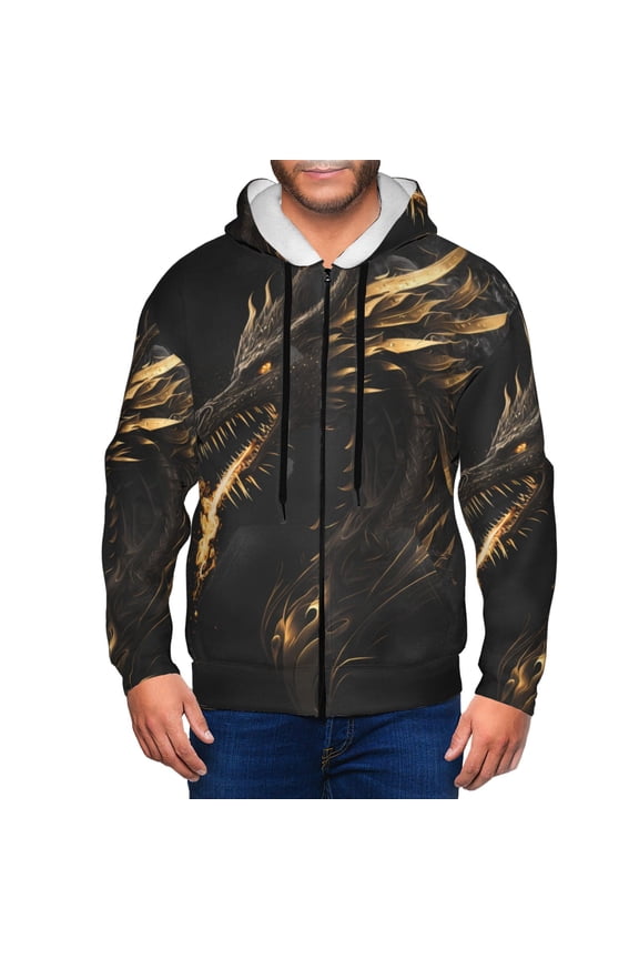 Black And Gold Fire Dragon Print Men Hoodies Casual Hoodies for Men with Zip Pockets Full Zip Long Sleeve Sweatshirt Sports Hooded Jacket-Large