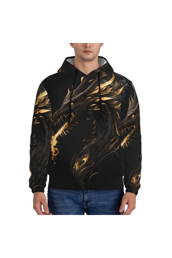 Black And Gold Fire Dragon Print Mens Casual Hooded Collar Drawstring Hoodies Pullover Sweatshirts Casual Long Sleeve Shirts-Large