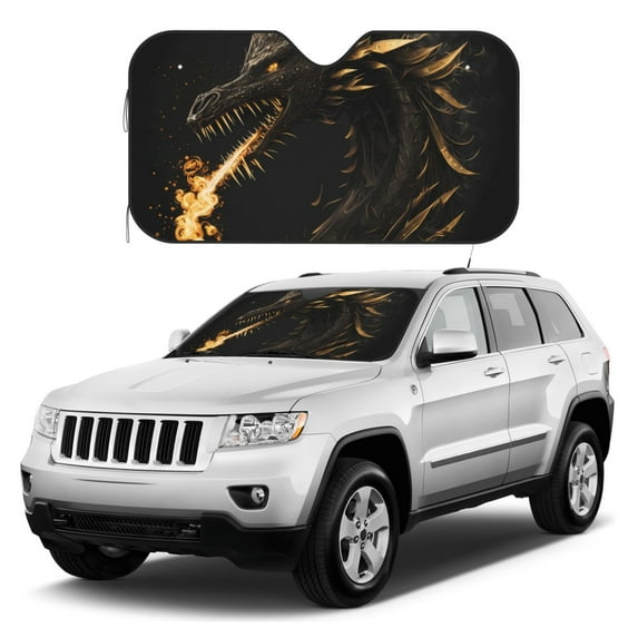 Kdxio Black And Gold Fire Dragon Print Windshield Sun Shade, Foldable Sun Blocker for Car,Truck,SUV Automotive Interior Sun Protection,Reflective Shade for Front Windshield(Small)