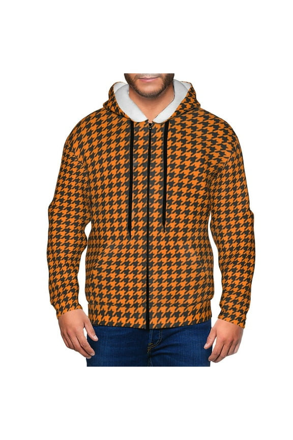 Black And Orange Houndstooth Print Men Hoodies Casual Hoodies for Men with Zip Pockets Full Zip Long Sleeve Sweatshirt Sports Hooded Jacket-Large