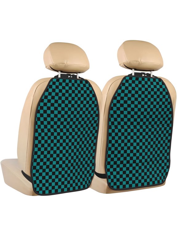 Black And Teal Checkerboard Print 2 Pack Car Kick Mat Seat Cover Back Protector Mat with Pockets for Organizer Backseat Protector and Storage Anti Kick Pad for Vehicles