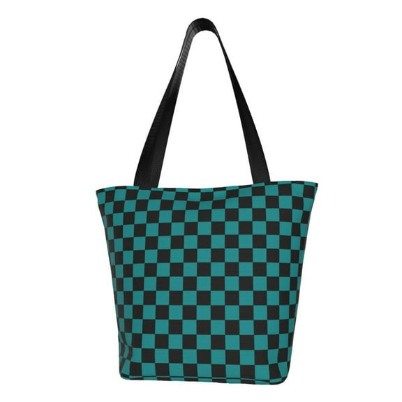 Kdxio Black And Teal Checkerboard Women Reusable Grocery Bags Foldable Ripstop,Reusable Shopping Bags for Shopping,Gym,Gift