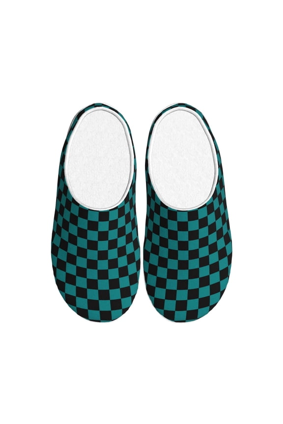 Black And Teal Checkerboard Women's Men's Slippers Plush Slip-On House Slipper for Winter Indoor Soft Cushion Non-slip Fluffy Slides Slippers-37/38
