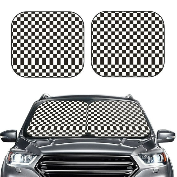 Kdxio Black And White Checkerboard Print 2-Piece Sun Shade Front Windshield - Foldable Car Front Window Sunshades For Most Sedans Suv Truck