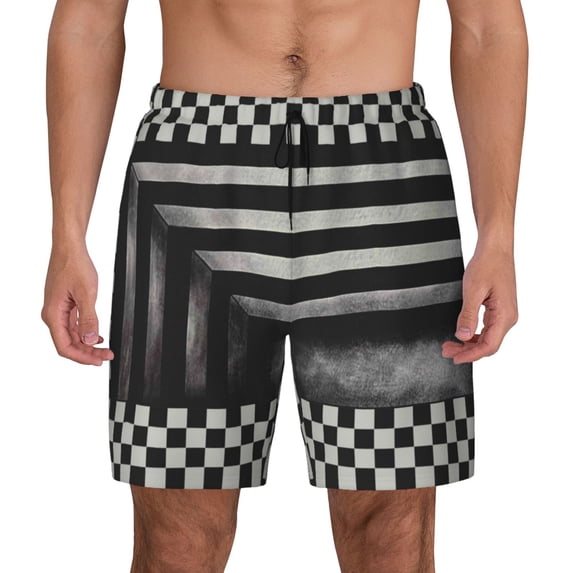Kdxio Black And White Checkerboard Trap Print Men'S Swim Trunks With Compression Liner 7 Inch Inseam Quick Dry Swim Shorts