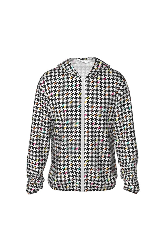 Black And White Houndstooth Print Women Men Sun Protection UPF 50+ Jackets Zip Up Long Sleeve Hoodie Hiking Lightweight with Pockets