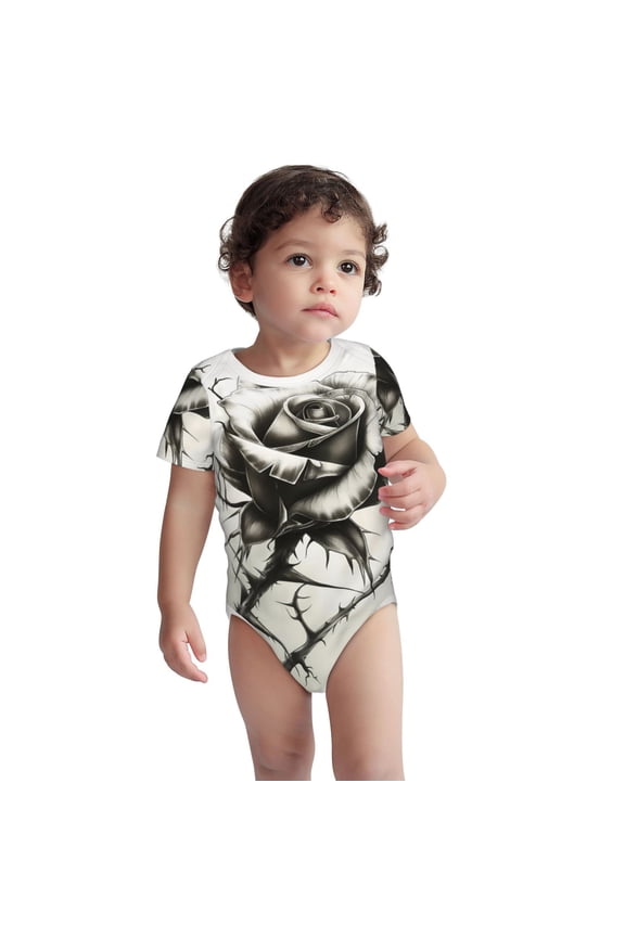 Black And White Rose Pattern Unisex Baby Cotton Short Sleeve Bodysuits-3 Months