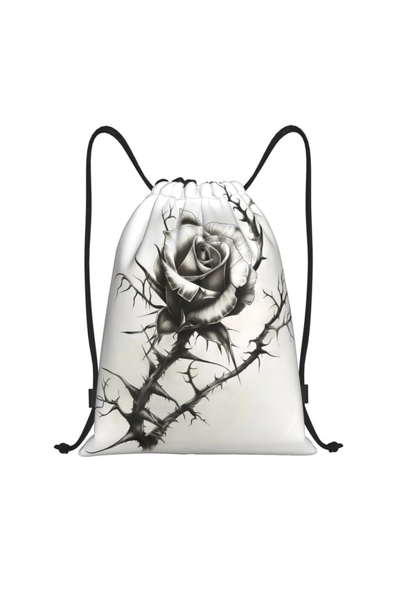 Black And White Rose Print Drawstring Backpack Bag,Waterproof Draw String Back Sack, Gym Drawstring Bags Swim Bag For Unisex