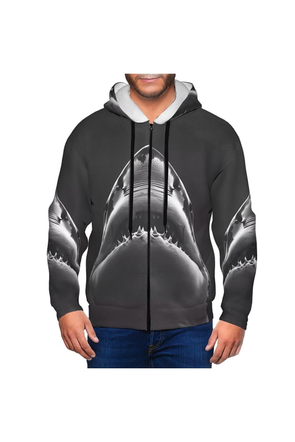 Black And White Shark Print Men Hoodies Casual Hoodies for Men with Zip Pockets Full Zip Long Sleeve Sweatshirt Sports Hooded Jacket-Medium