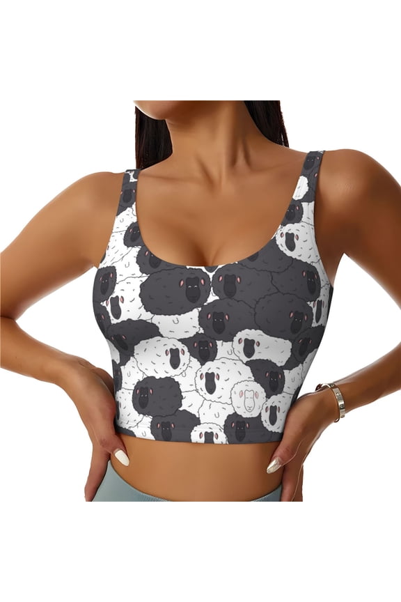 Black And White Sheeps Print Workout Crop Tank Top for Women Racerback Yoga Tank Tops Athletic Sports Shirts Exercise Undershirts