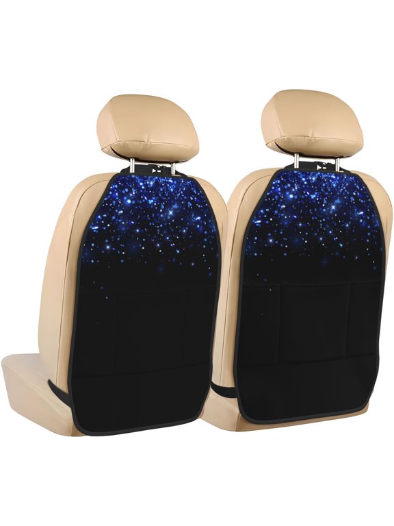 Black Blue Glitter Sparkles Print 2 Pack Car Kick Mat Seat Cover Back Protector Mat with Pockets for Organizer Backseat Protector and Storage Anti Kick Pad for Vehicles