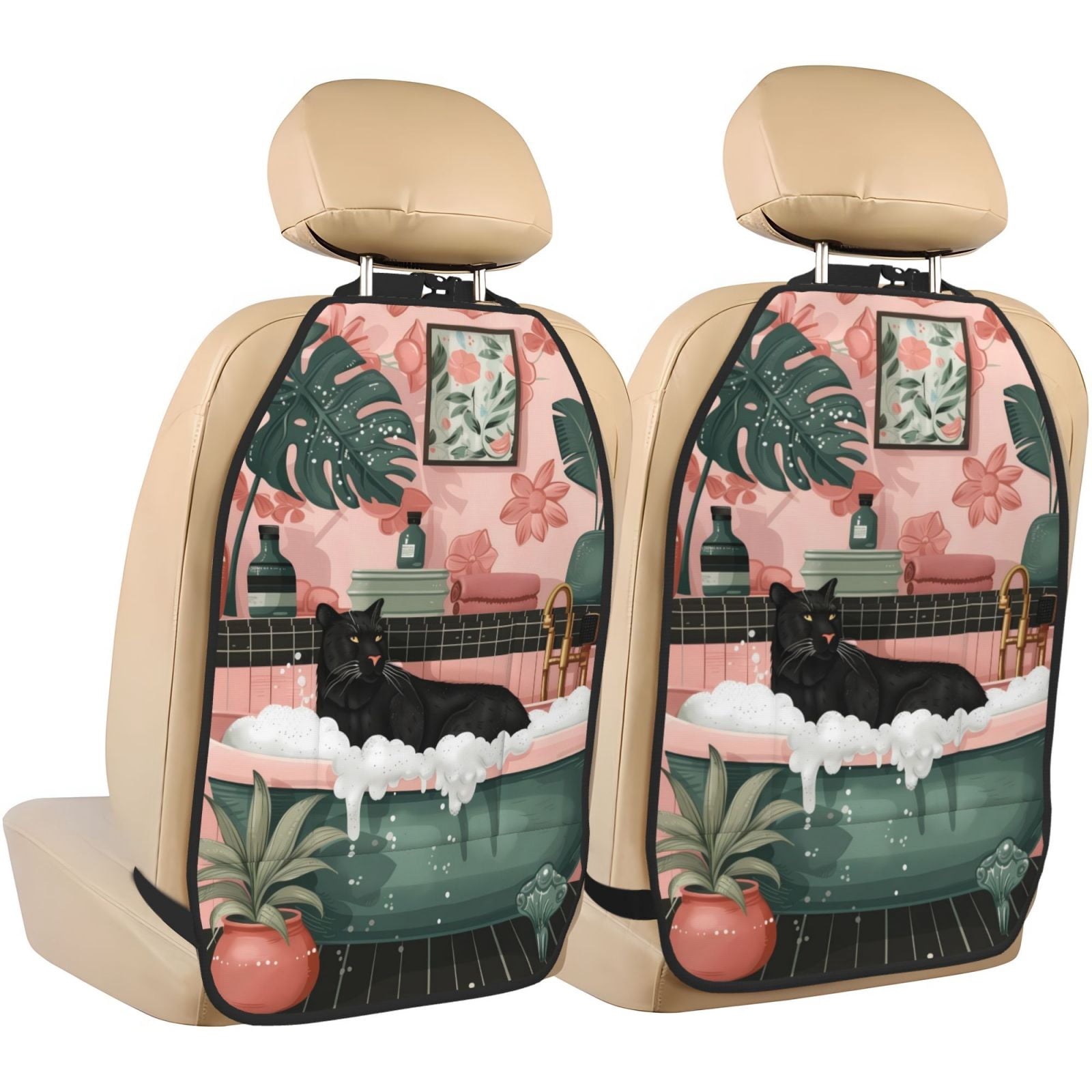 Kdxio Black Cat Pink Bathroom Print 2 Pack Car Kick Mat Seat Cover Back Protector Mat with Pockets for Organizer Backseat Protector and Storage Anti Kick Pad for Vehicles