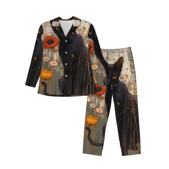 Kdxio Black Cat in Wildflowers Men’s Pajama Set Pajamas For Men 2 Piece PJ Set with Men Pajama Pants and Long Sleeve T-Shirt Lounge Set-Medium