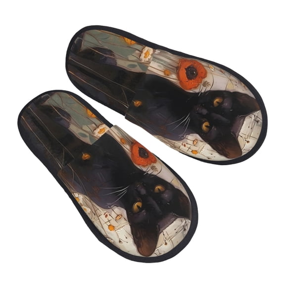 Kdxio Black Cat in Wildflowers Pattern Slippers for Women Memory Foam Fuzzy House Slippers Bedroom Non-slip Warm Womens Slippers