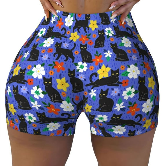 Kdxio Black Cats And Flowers Print Workout Shorts for Women Seamless Soft Smooth Gym Yoga Scrunch Active Shorts