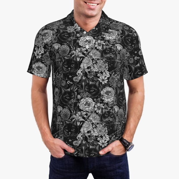 Kdxio Black Cats In A Garden Print Men's Short Sleeve Polo Shirt,Midweight Men's Shirt-Small
