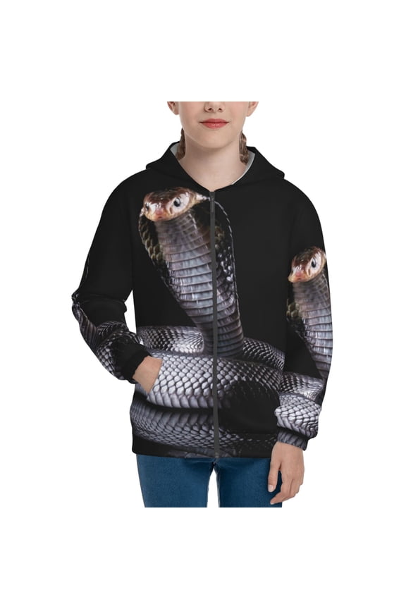 Black Cobra Snake Pattern Kids Boys Girls Zip Up Hoodie 3D Printed Hooded Sweatshirt Hoody Coat with Pocket 7-12 Y-Medium