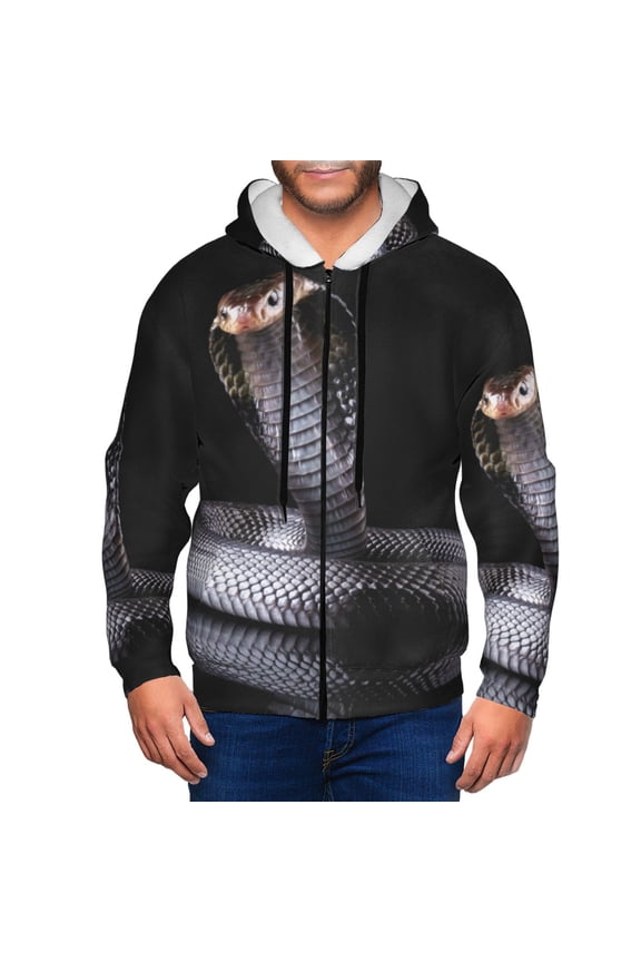 Black Cobra Snake Print Men Hoodies Casual Hoodies for Men with Zip Pockets Full Zip Long Sleeve Sweatshirt Sports Hooded Jacket-X-Large