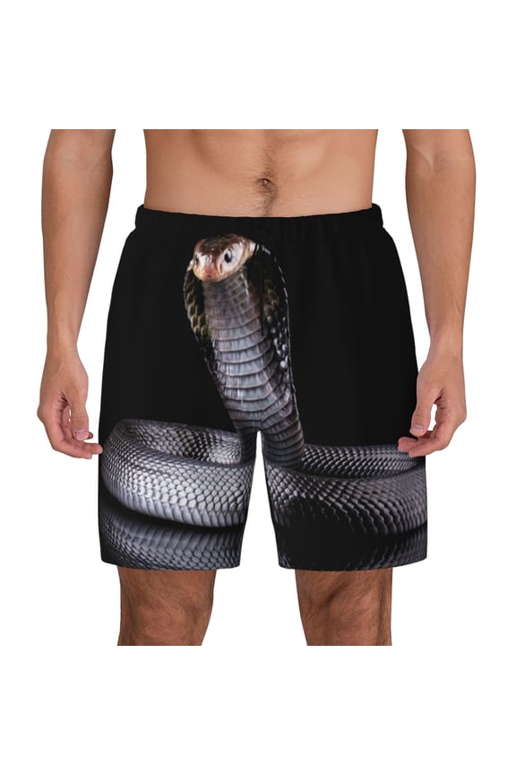 Black Cobra Snake Print Men's Swim Trunks with Compression Liner 7 Inch Inseam Quick Dry Swim Shorts