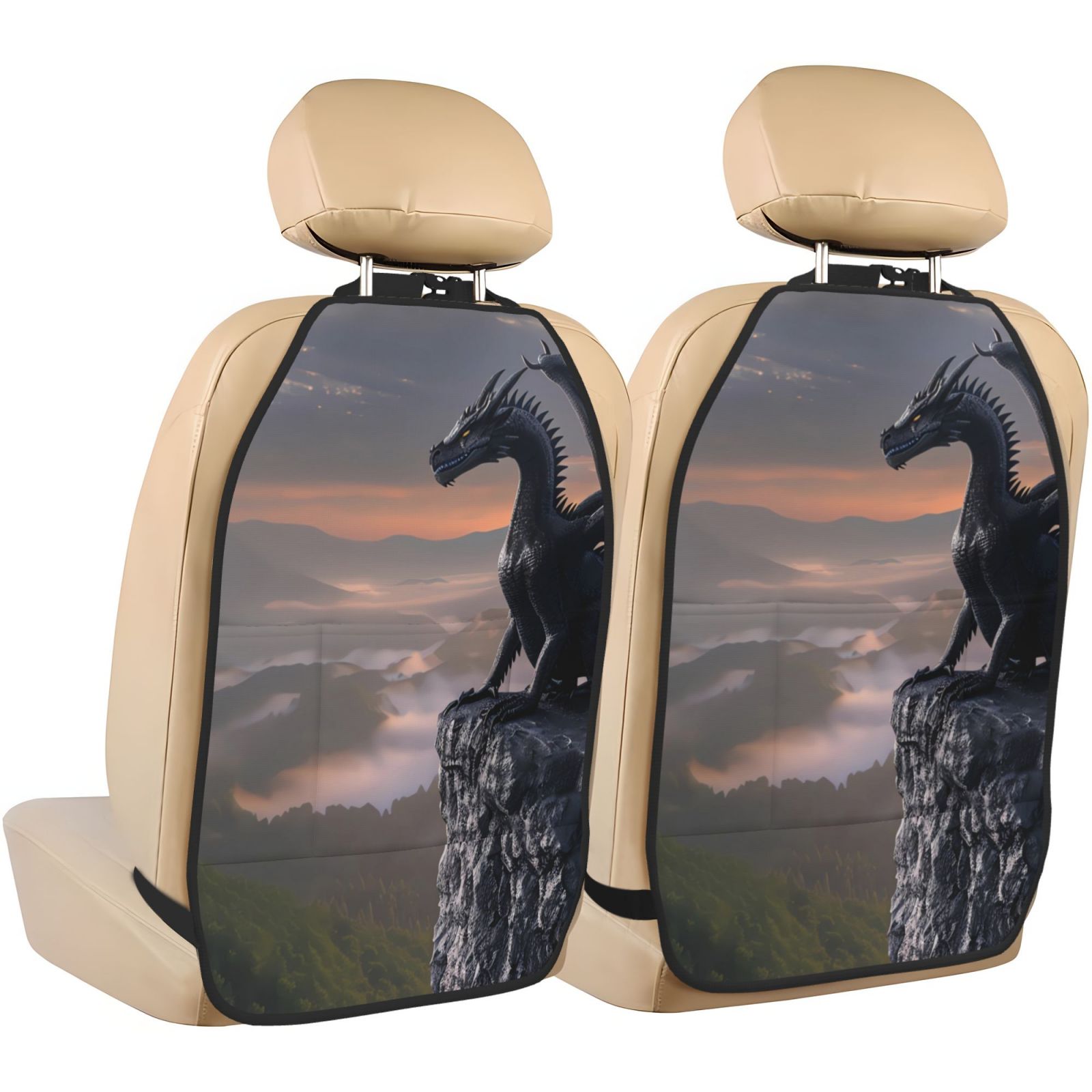 Kdxio Black Dragon Cliff Dawn Print 2 Pack Car Kick Mat Seat Cover Back Protector Mat with Pockets for Organizer Backseat Protector and Storage Anti Kick Pad for Vehicles